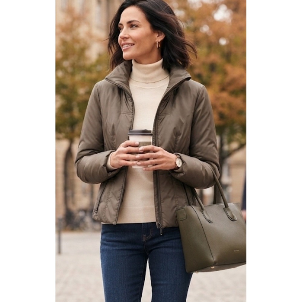 Strenesse Blue Down Puffer Jacket Full Zip Crop Taupe Womens Sz 2 Quiet Luxury